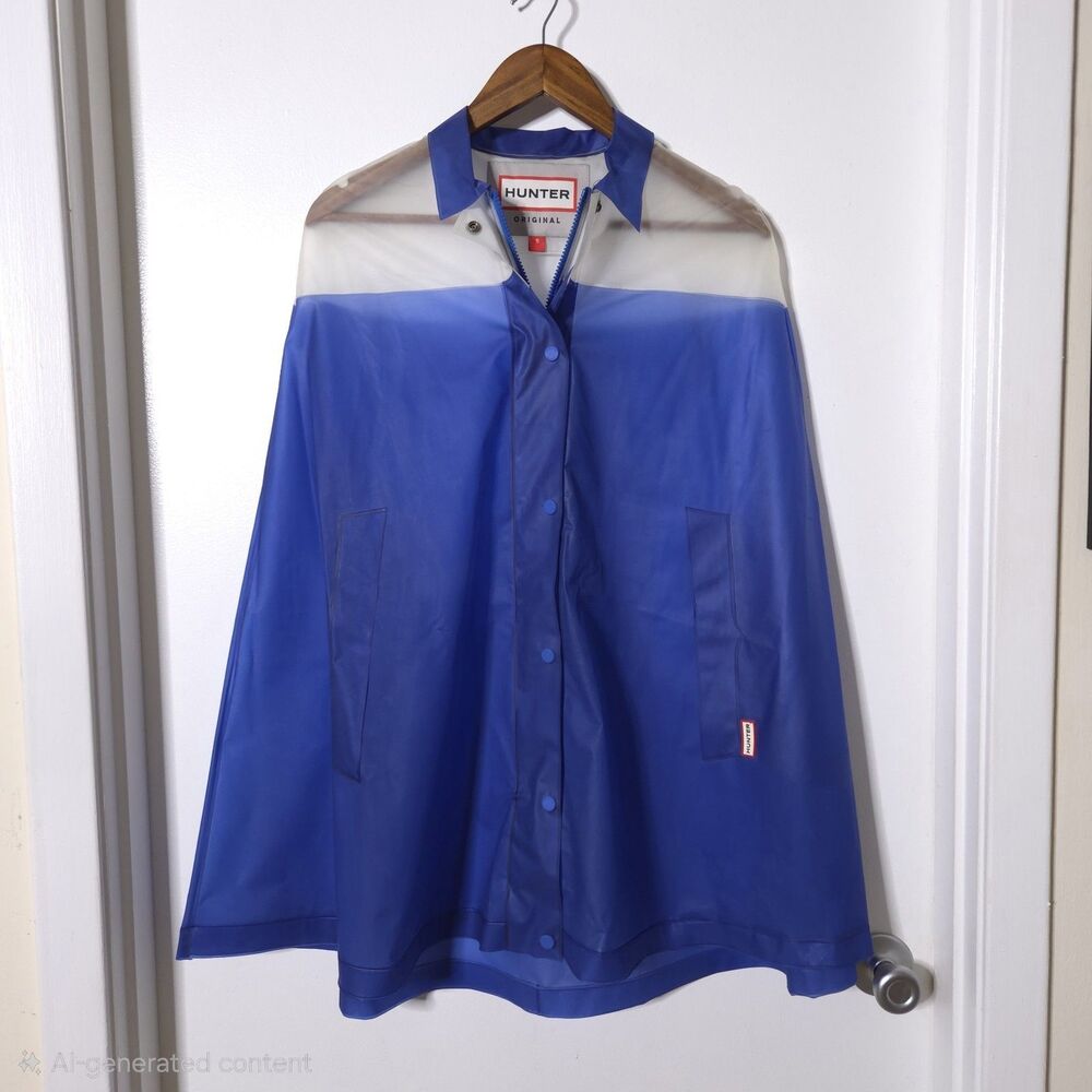 Hunter Women's Blue Rain Cape Coat Long Snap Closure S